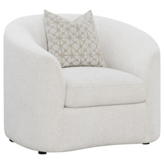 Elevate your contemporary living room reading nook with this elegant contemporary lounge chair, upholstered in a neutral latte finished boucle fabric throughout its contoured silhouette and curved sloped armrests. Accented by a single throw pillow, this s