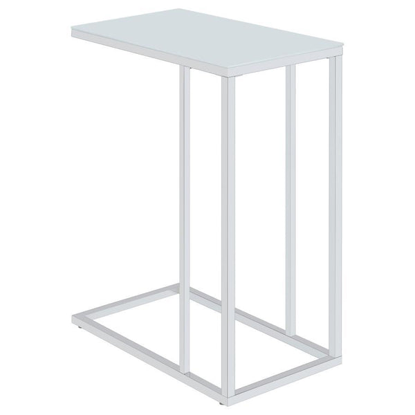 This side table features a stylish white glass top paired with a durable metal frame electroplated in chrome