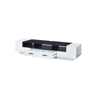  this piece offers open compartments and drawers for storage and displaying. Cord management is included to provide functionality while the wooden