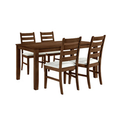 Experience the Pascal 5 Piece Dining Room Set in warm Walnut Brown, a perfect blend of style and functionality. This set includes a 59-inch long rectangular wood dining table and four matching chairs, all crafted from a combination of solid Rubberwood and