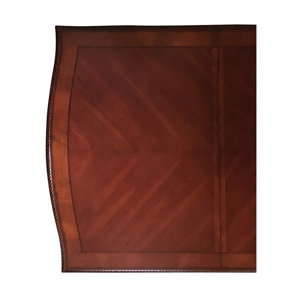 KD, Rectangular Double Pedestal Table NO Storage Extension Leaf: Removable (2 x 15-") CONSTRUCTION Wooden Top & Apron: Arched Sides, Parquet Top Pattern & Grooved Trim Wooden Double Pedestal: Double Columns with Raised Leaves Motifs, Each Over 4- Foot Bas