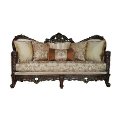 The designed ideal of Devayne collection come from traditional European palace. The introverted dark walnut finish, light pattern fabric come with the decorated pillow to show the difference life style. The intricately carved solid wood frame outlines the
