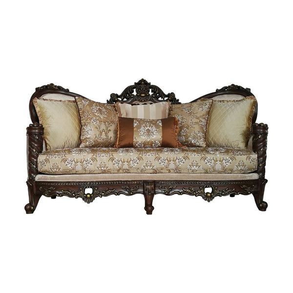 The designed ideal of Devayne collection come from traditional European palace. The introverted dark walnut finish, light pattern fabric come with the decorated pillow to show the difference life style. The intricately carved solid wood frame outlines the