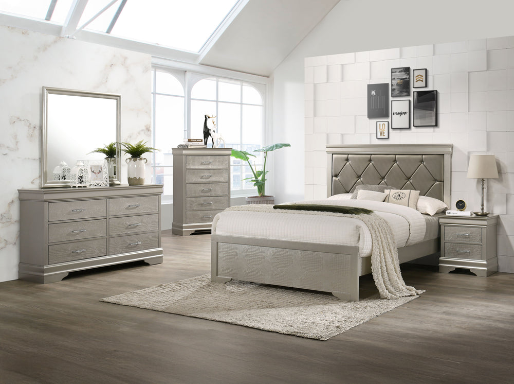 This bedroom set embodies a refined elegance with its soft silver hue and luxurious textures, perfect for creating a serene and sophisticated sanctuary. The centerpiece is a sumptuous bed framed by a headboard with diamond-tufted detailing, offering a tou
