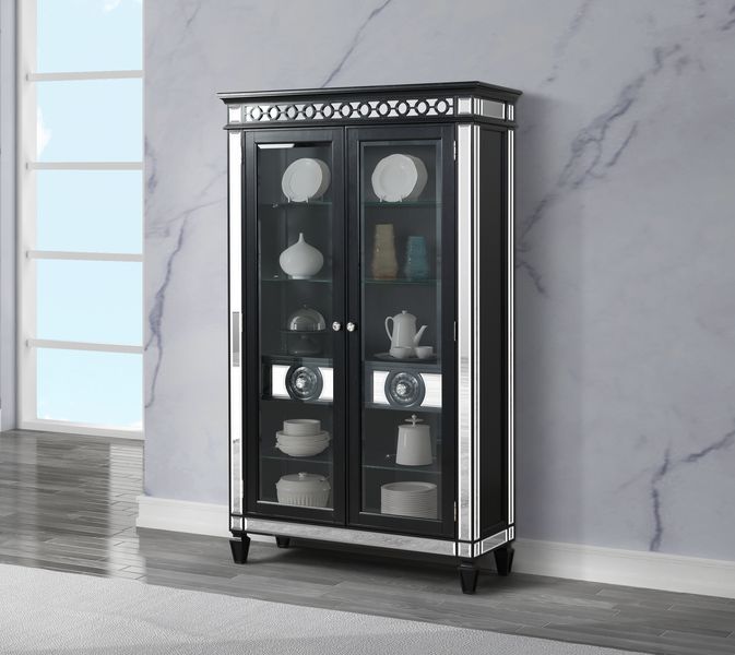 Curio Cabinet Storage: 2 Glass Front Doors (Inside: 5 Compartments with 3 Glass Shelves & Drawers) Wooden Frame, Raised Geometric Trim, Beveled-Mirror Inlay, Tapered Leg (Wood Side Panels