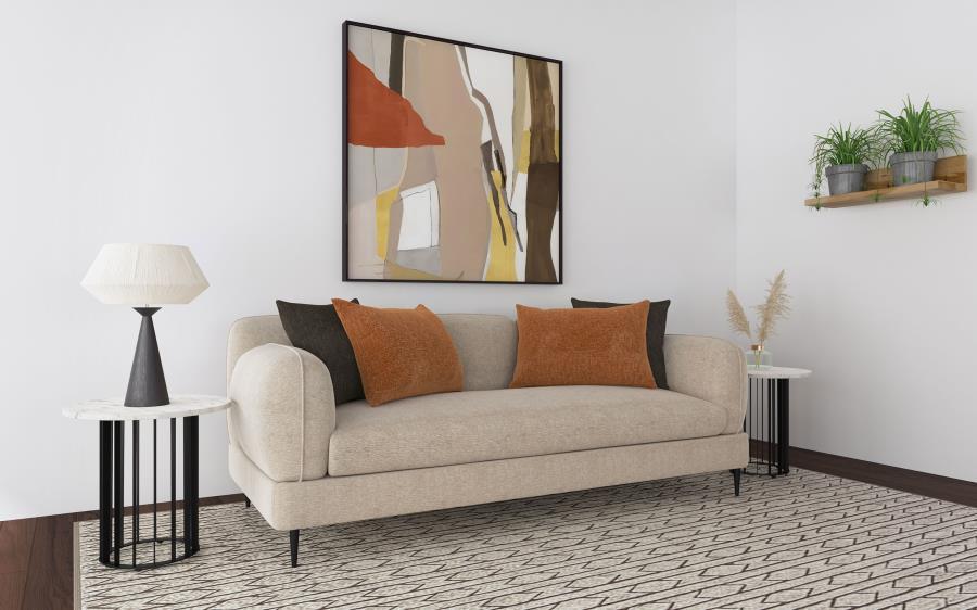 Experience a sophisticated blend of architectural design and plush comfort with this sofa. The latte chenille upholstery provides a subtle textured appeal, complemented by sculpted round arms and a matching back that mirror each otherâ€™s clean lines. Its