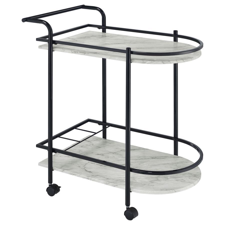 Invite guests over for an intimate soiree and serve up cocktails on this contemporary bar cart. Classic faux white marble shelves stack on top of one another, lending a traditional approach to its sleek modern silhouette. Rounded edges on one side add to 