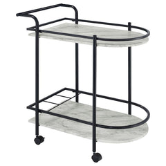 Invite guests over for an intimate soiree and serve up cocktails on this contemporary bar cart. Classic faux white marble shelves stack on top of one another, lending a traditional approach to its sleek modern silhouette. Rounded edges on one side add to 