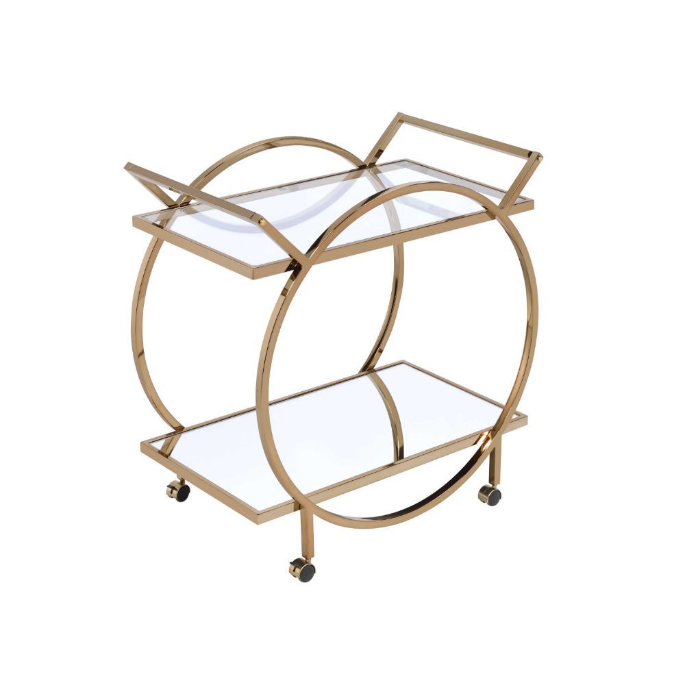 Roll out an artful decor anywhere in your home with this Traverse serving cart. The beautiful frame is crafted with quality metal tube and finished in elegant champagne. With the glass top shelf and mirrored bottom shelf, its timeless design will liven up