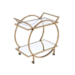 Roll out an artful decor anywhere in your home with this Traverse serving cart. The beautiful frame is crafted with quality metal tube and finished in elegant champagne. With the glass top shelf and mirrored bottom shelf, its timeless design will liven up