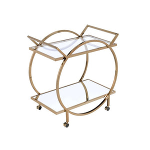 Roll out an artful decor anywhere in your home with this Traverse serving cart. The beautiful frame is crafted with quality metal tube and finished in elegant champagne. With the glass top shelf and mirrored bottom shelf, its timeless design will liven up