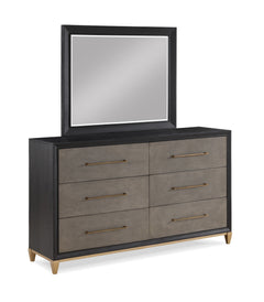 This bedroom ensemble exudes a sleek, contemporary charm with a hint of mid-century flair, perfect for creating a tranquil yet stylish retreat. The centerpiece, a bed with an upholstered headboard, is framed with a contrasting dark trim, offering a plush 