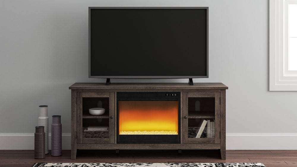 With its replicated weathered oak finish and minimalist charm, this TV stand with electric fireplace insert is right in tune with your relaxed approach to high style. Beautifully made to accommodate your media equipment, itâ€™s well equipped with adjustab