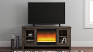 With its replicated weathered oak finish and minimalist charm, this TV stand with electric fireplace insert is right in tune with your relaxed approach to high style. Beautifully made to accommodate your media equipment, itâ€™s well equipped with adjustab