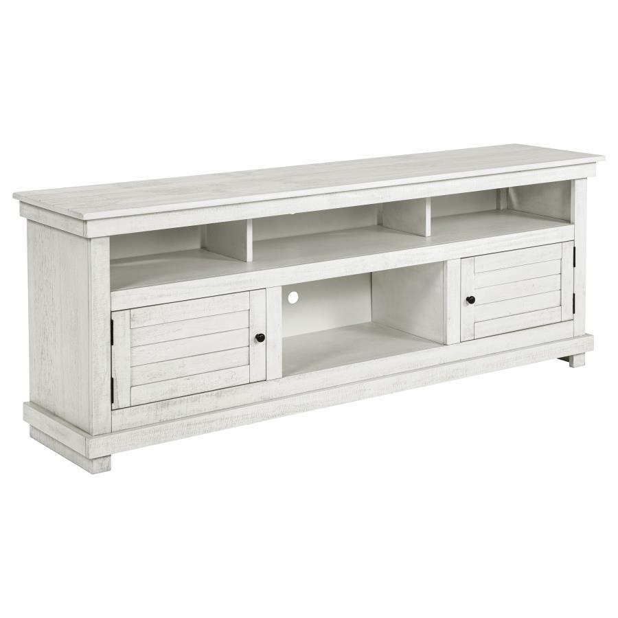Introduce expansive storage underneath your flat panel television with this modern farmhouse TV stand. It-'s a wooden design with roughhewn details that offer charming texture and casual allure in your living room or den. Two cabinets offer decorative doo