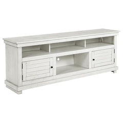 Introduce expansive storage underneath your flat panel television with this modern farmhouse TV stand. It-'s a wooden design with roughhewn details that offer charming texture and casual allure in your living room or den. Two cabinets offer decorative doo