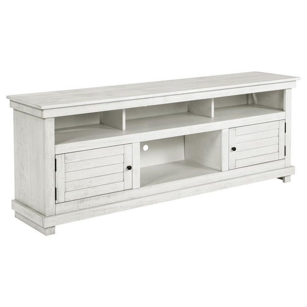 Introduce expansive storage underneath your flat panel television with this modern farmhouse TV stand. It-'s a wooden design with roughhewn details that offer charming texture and casual allure in your living room or den. Two cabinets offer decorative doo