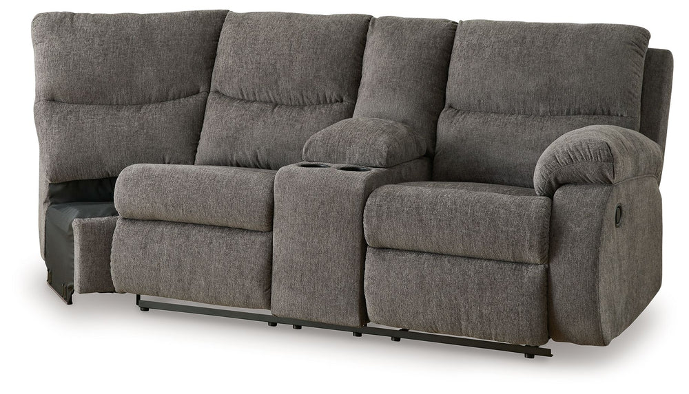 This right-arm facing reclining loveseat with half wedge and console is made with polyester upholstery. Pairs with other items in the series to make a sectional.<br><br><b>Additional Dimensions</b><br><ul><li>Arm height: 26-"</li><li>Seat depth: 22-"</li>