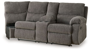 This right-arm facing reclining loveseat with half wedge and console is made with polyester upholstery. Pairs with other items in the series to make a sectional.<br><br><b>Additional Dimensions</b><br><ul><li>Arm height: 26-"</li><li>Seat depth: 22-"</li>