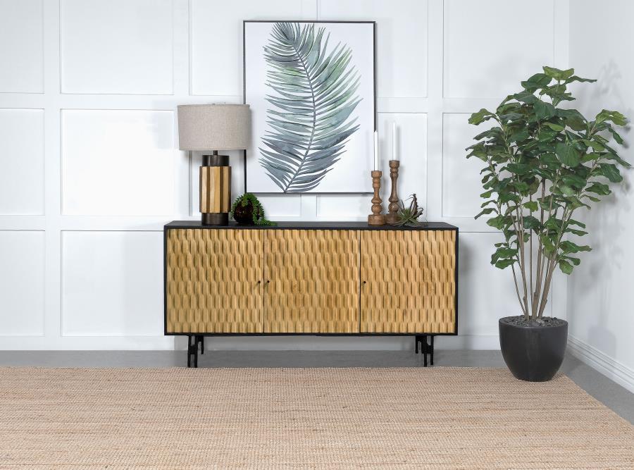 Expertly carved from robust mango wood, this accent cabinet flaunts a captivating 3D tile pattern on its door. The natural finish enriches its depth, complemented by the contrasting black top and sides, infusing a touch of modern flair. This piece seamles