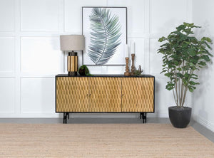  this accent cabinet flaunts a captivating 3D tile pattern on its door. The natural finish enriches its depth