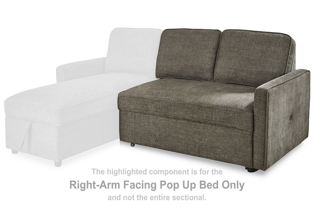 This right-arm facing pop up bed is made with polyester upholstery. Pairs with other items in the series to make a sectional.<br><br><b>Additional Dimensions</b><br><ul><li>Seat width: 50-"</li><li>Seat depth: 25-"</li><li>Seat height: 19.5-"</li><li>Arm 