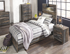 Burnt orange and teal colors accent a brown rustic finish in a replicated woodgrain with authentic touch. Large scaled dark colored handles. Cases feature a framed front and pilasters. All panel headboards (53,57,58,87) feature decorative matte black scon