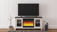 With its two-tone finish and minimalist charm, this TV stand with electric fireplace insert is right in tune with your relaxed approach to high style. Beautifully made to accommodate your media equipment, itâ€™s well equipped with adjustable shelving, cut