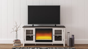 With its two-tone finish and minimalist charm, this TV stand with electric fireplace insert is right in tune with your relaxed approach to high style. Beautifully made to accommodate your media equipment, itâ€™s well equipped with adjustable shelving, cut