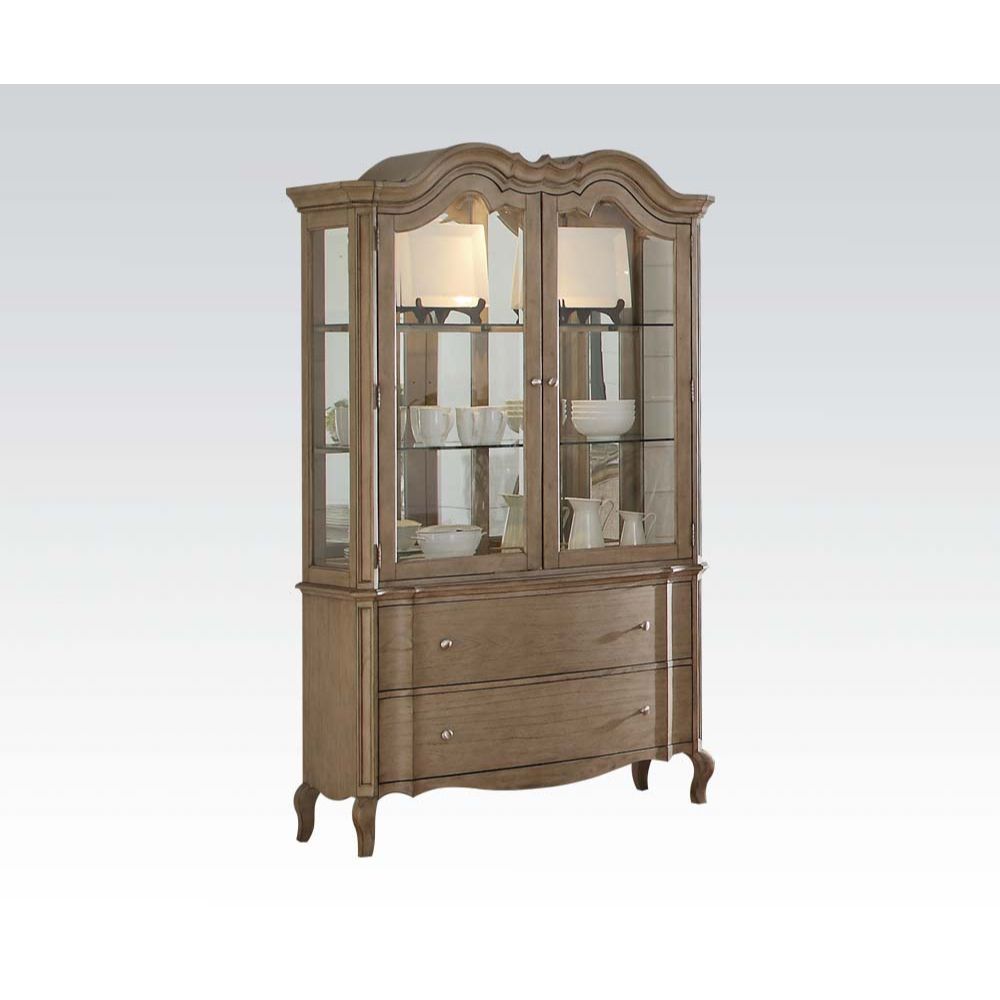 Hutch & Buffet Touch Light 2 Glass Front Doors (2 Glass Shelves Inside), 2 Bottom Drawers<br/><br/><b>Product Features</b><ul><li>Case: 1Set/2Ctn</li><li>Finish: Antique Taupe</li><li>Style: Transitional</li><li>Materials: Wood, Glass, Mirror, Veneer (Woo