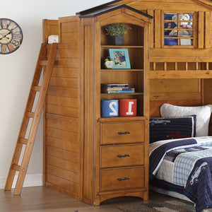 The Tree House Bookcase Cabinet is perfect for more storage options which features four open shelves and three storage drawers decorated with branch-like handles to add more charm to the entire design. The warm finish brings a cozy and friendly atmosphere