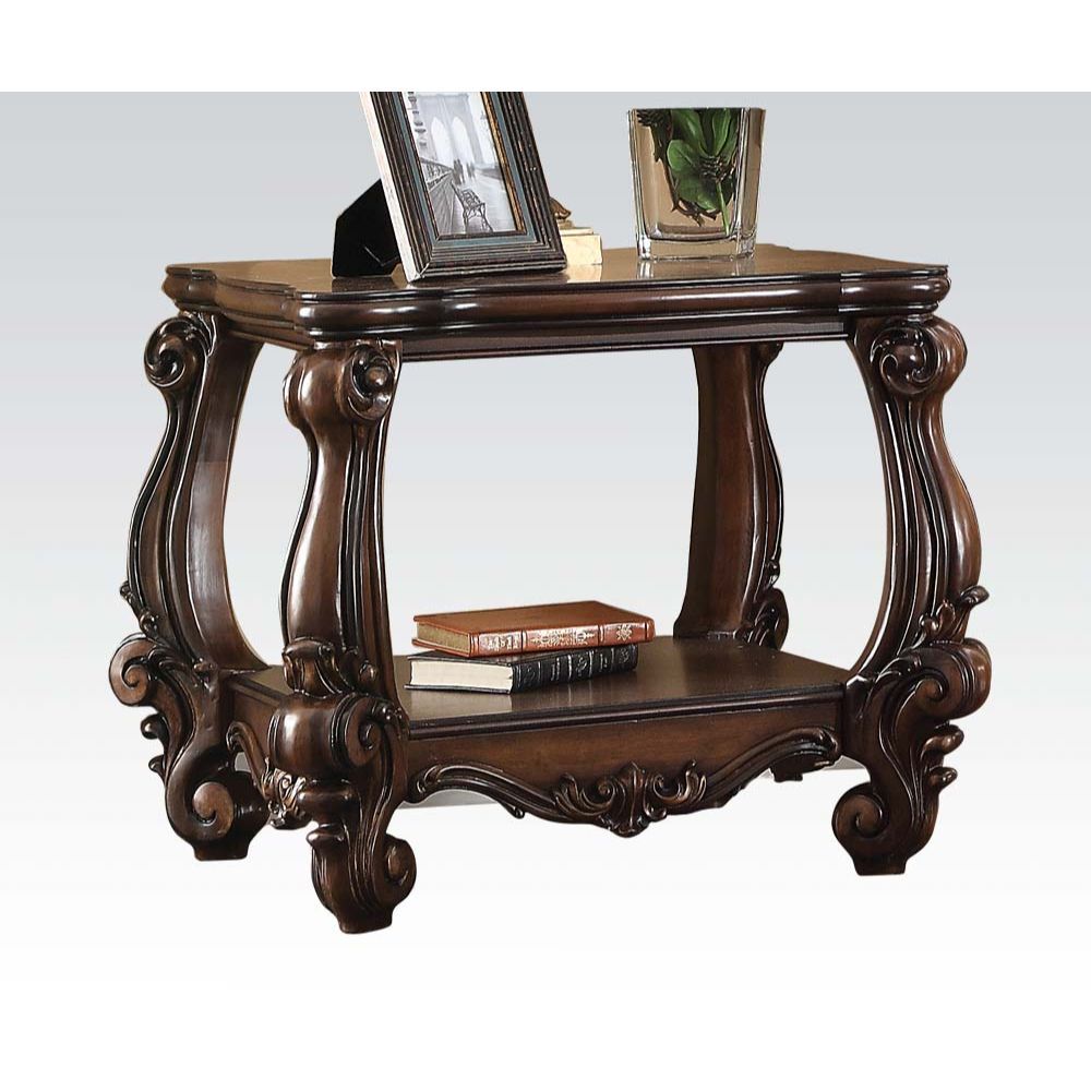 KD, Square End Table â€¢ Open Compartment: Bottom Shelf â€¢ Wooden Top â€¢ Oversized Scrolled Legs & Shelf Apron: Poly Resin with Antique Constrast Finish<br/><br/><b>Product Features</b><ul><li>Exclusive Design</li><li>Occasional Table</li><li>Open Compa