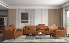 Made in Italy and upholstered in high-quality leather, the Tussio collection offers comfort and style. The gorgeous saddle tan leather finish is modern. Included are bolster cushions and pillows to match the seating. The headrest provides added comfort to