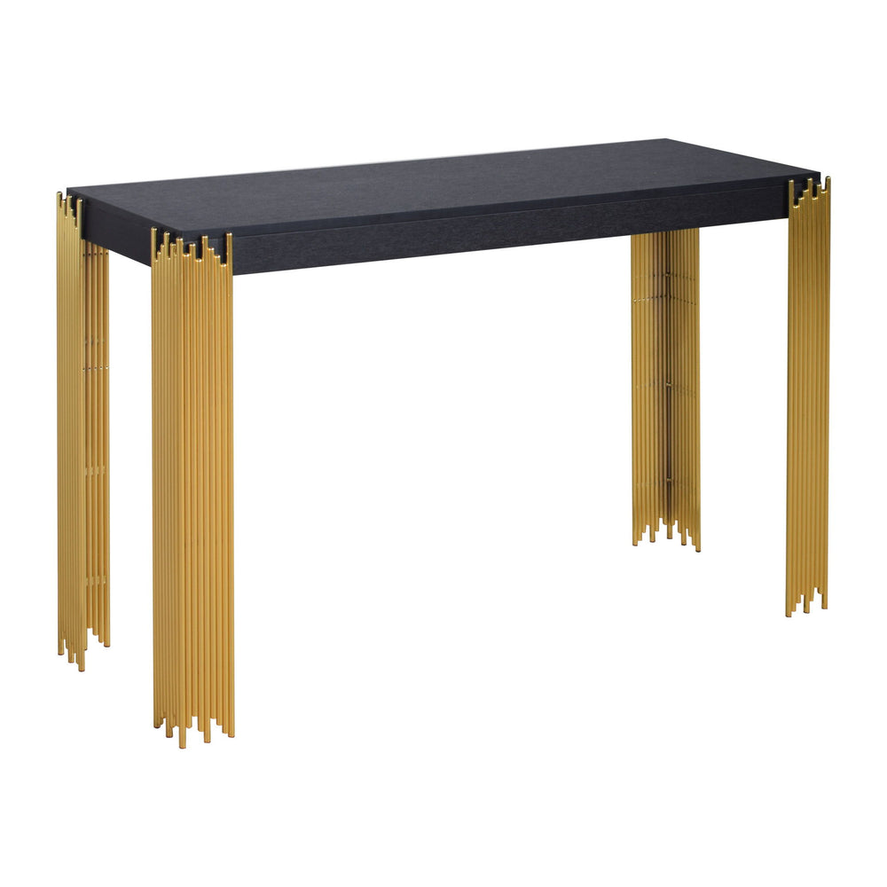 The EMPIRE Console Table in sleek black is a stylish and durable addition to your living space. Crafted with eco-friendly manufactured woods and decorative laminate, this table ensures lasting strength and durability. Its sophisticated black finish adds a