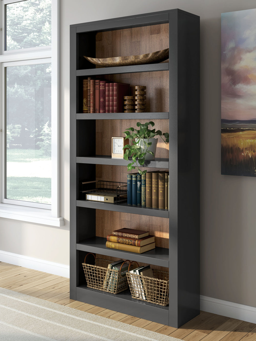 Raise the bar on modern farmhouse style with this home office bookcase. Its casual good looks are accentuated with a two-tone finish, which pairs a warm satin black with a butcher block veneer back in a contrasting rich brown wood tone. Six shelvesâ€”four