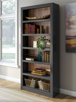  which pairs a warm satin black with a butcher block veneer back in a contrasting rich brown wood tone. Six shelvesâ€”four