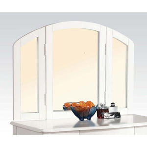The White Maren Vanity Mirror will create a comfortable and personal area in your bedroom. This traditionally styled wood mirror features an arched top in a beautiful white finish with a tri-folding mirror so you can see yourself from all sides.Â Complete