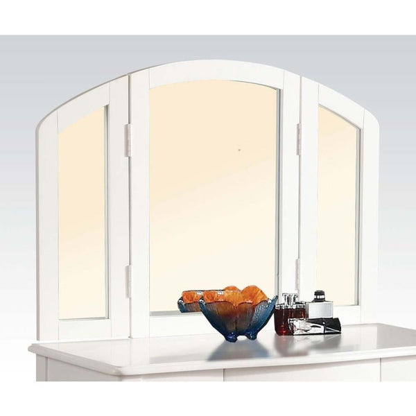 The White Maren Vanity Mirror will create a comfortable and personal area in your bedroom. This traditionally styled wood mirror features an arched top in a beautiful white finish with a tri-folding mirror so you can see yourself from all sides.Â Complete
