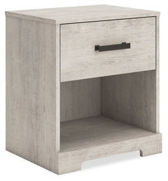 Give casual a new meaning with the chic look of this nightstand. A light gray finish over replicated oak grain keeps it laid-back and inviting, while the substantial warm pewter-tone hardware adds a modern farmhouse touch. The open cubby provides display 