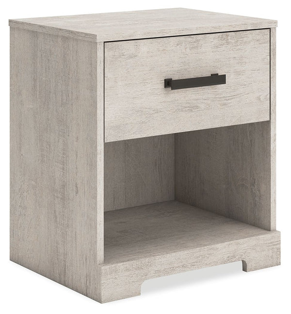 Give casual a new meaning with the chic look of this nightstand. A light gray finish over replicated oak grain keeps it laid-back and inviting, while the substantial warm pewter-tone hardware adds a modern farmhouse touch. The open cubby provides display 