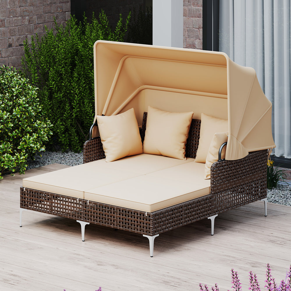 Provide a light  airy look and feel with open-weave PE rattan<br>The premium rattan also ensures fade-resistant and sun-protective durability<br>Open the canopy for shaded comfort with a premium gas strut<br>Close the canopy for sunbathing<br>Canopy secur