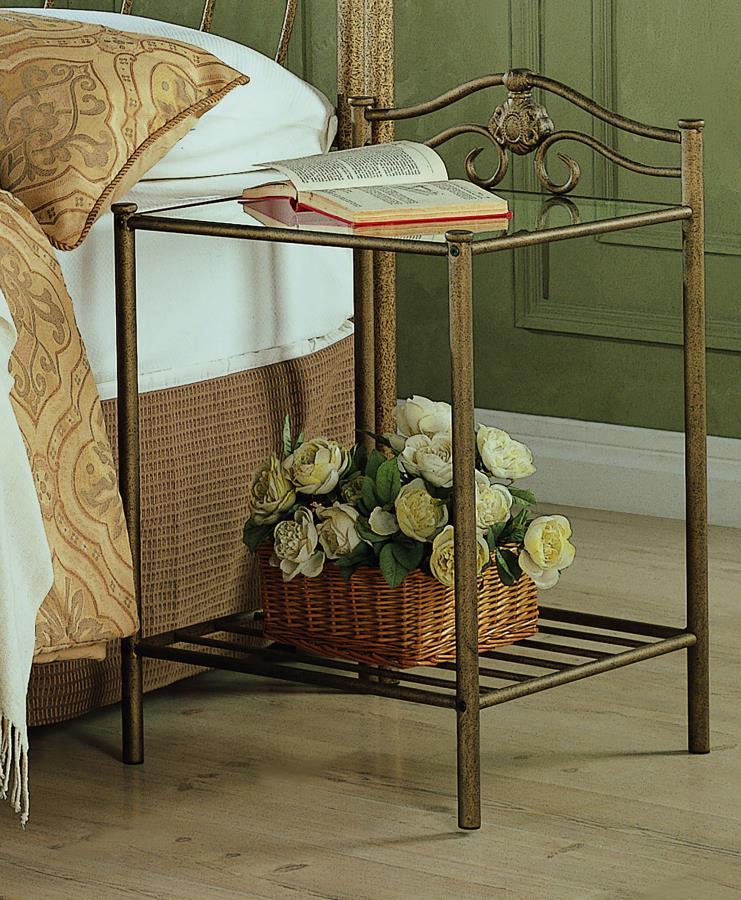 A charming blend of function and vintage style, this nightstand enhances any bedroom with its antique brushed gold frame and airy, open design. The clear tempered glass top adds a crisp, lightweight feel, while a slatted lower shelf offers convenient stor