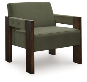 Get your modern sophistication on with this chic accent chair. Its rich olive green velvet upholstery is both luxurious and inviting, while an espresso-finished wood frame provides a warm, grounding element. The chair-'s clean lines and minimalist design 