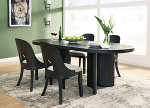 Contemporary lifestyle design. Made of hardwood solids and ash veneer. Rich layered black finish on textured wood grain surface. Collection is inspired by Art Deco designs with trend-right curved silhouettes. Table features an oval design and architectura