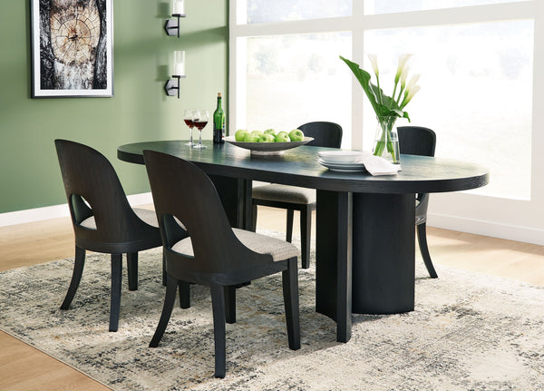 Contemporary lifestyle design. Made of hardwood solids and ash veneer. Rich layered black finish on textured wood grain surface. Collection is inspired by Art Deco designs with trend-right curved silhouettes. Table features an oval design and architectura