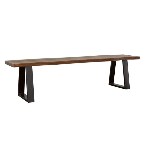 Bring a touch of organic beauty and modern edge to your dining space with this solid sheesham wood dining bench. Featuring a live edge seat, each piece showcases unique natural grain variations for a one-of-a-kind look. The black powder-coated metal base 