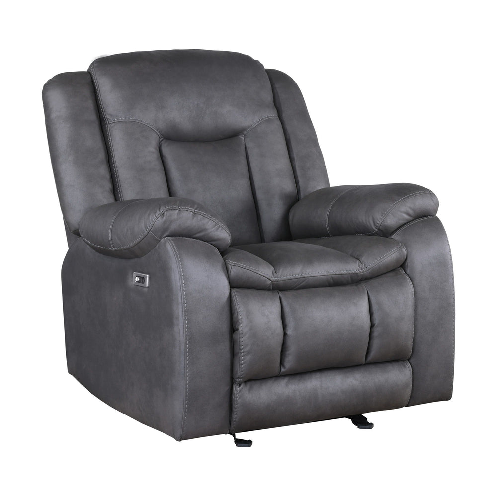The Morello Glider Recliner with Power Footrest in gray is the perfect blend of comfort and functionality for your home. This power glider recliner is upholstered in sumptuously soft 100% polyester fabric in a gray color, mimicking the look of leather wit