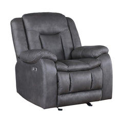 The Morello Glider Recliner with Power Footrest in gray is the perfect blend of comfort and functionality for your home. This power glider recliner is upholstered in sumptuously soft 100% polyester fabric in a gray color, mimicking the look of leather wit