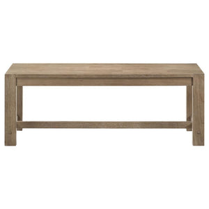  inviting look. It-'s crafted from Asian hardwood and features a washed brown finish. Wire brushing adds