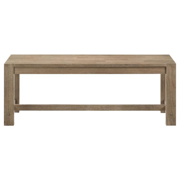  inviting look. It-'s crafted from Asian hardwood and features a washed brown finish. Wire brushing adds